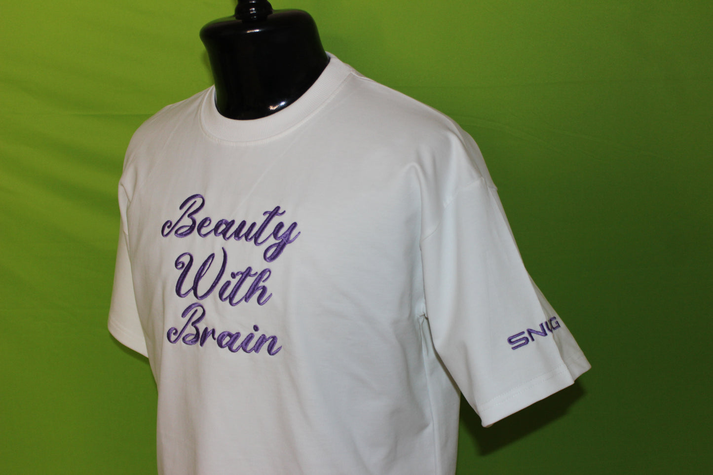 Beauty With Brain Premium Embroidered Oversized T-Shirt – White | Womans Cotton Tee