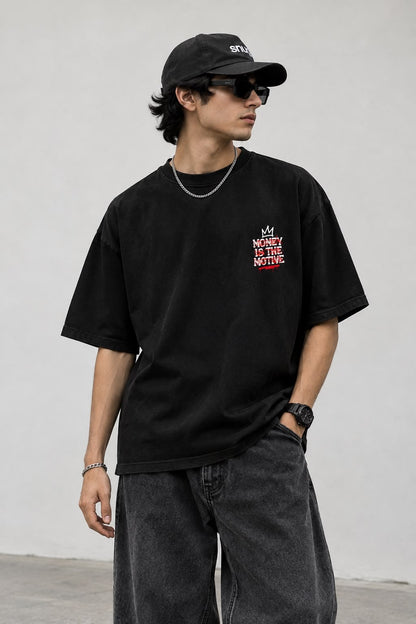 MONEY IS THE MOTIVE – Oversized Black Graphic T-Shirt