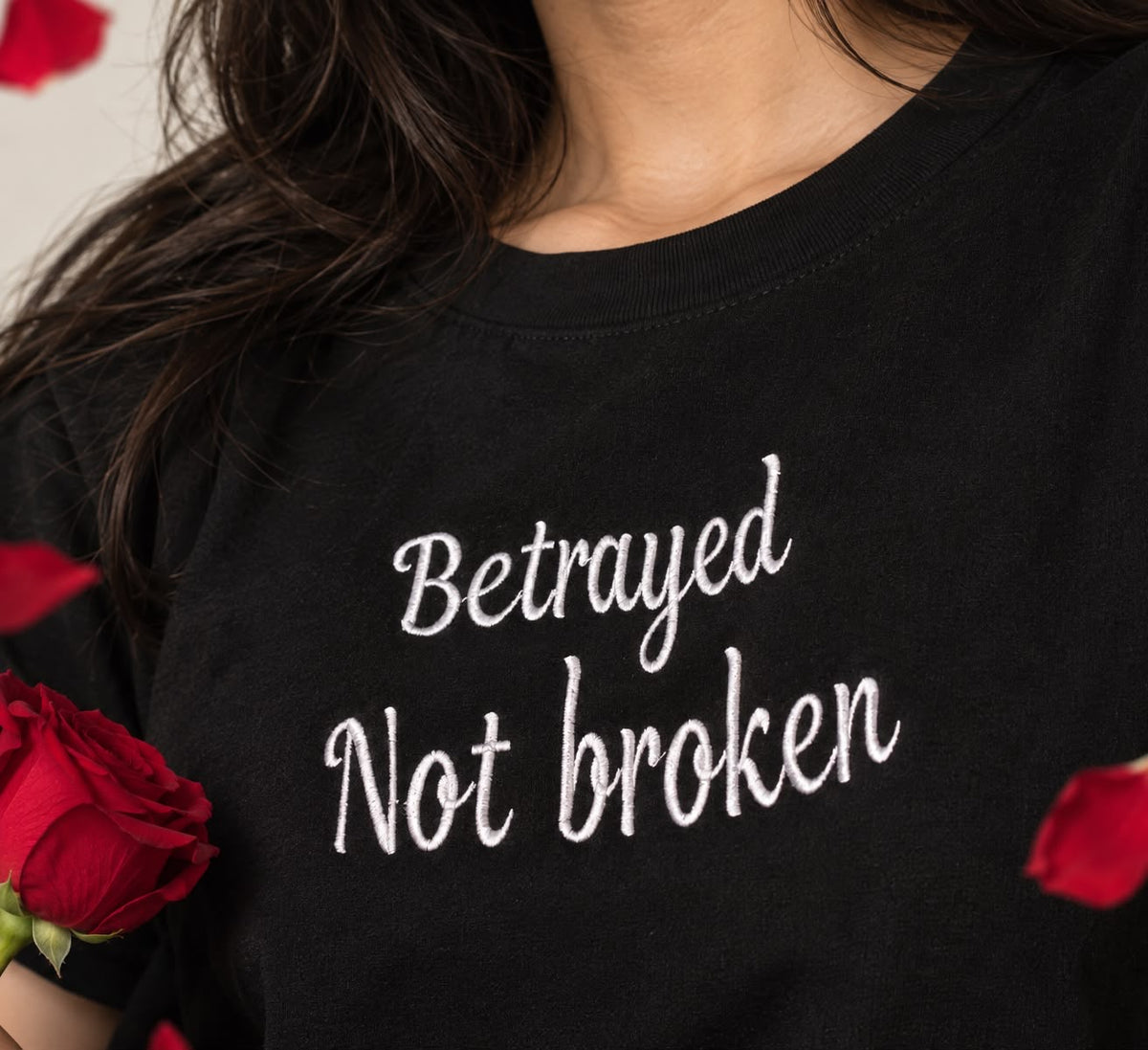 Betrayed Not Broken" Script Embroidered T-Shirt
