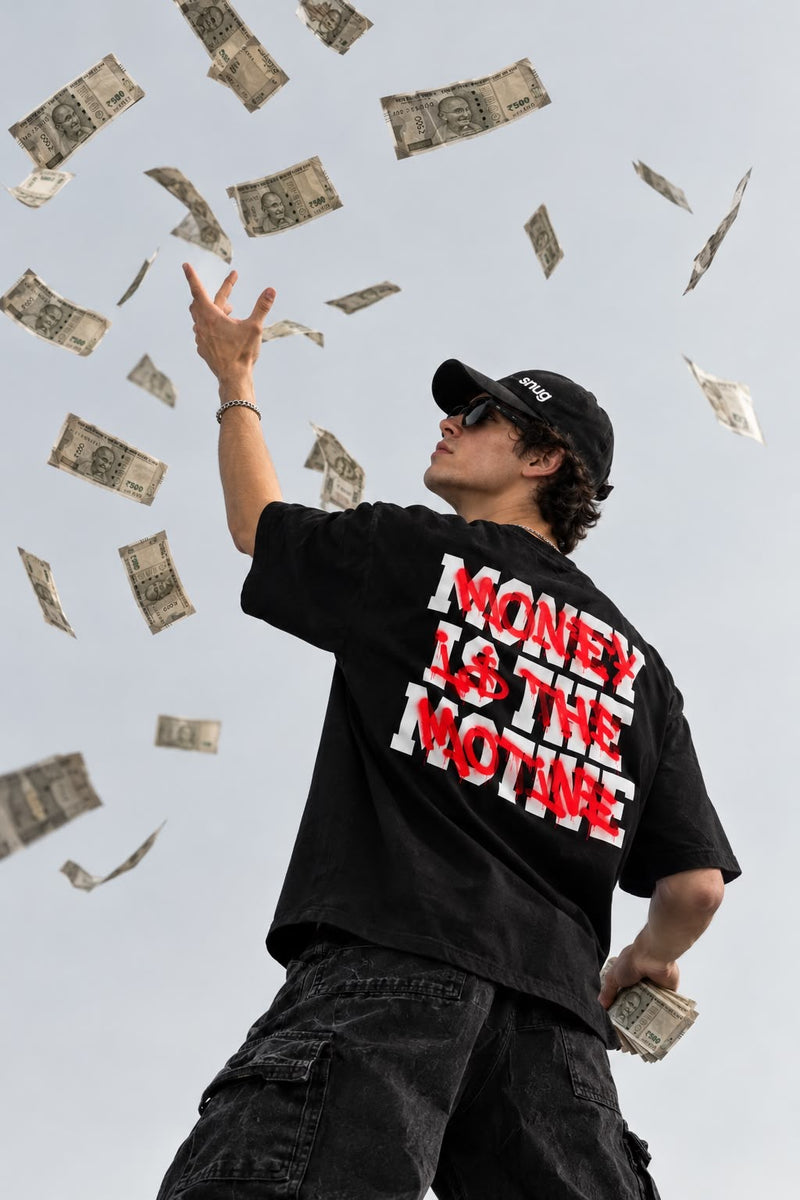 MONEY IS THE MOTIVE – Oversized Black Graphic T-Shirt