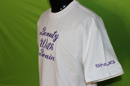 Beauty With Brain Premium Embroidered Oversized T-Shirt – White | Womans Cotton Tee