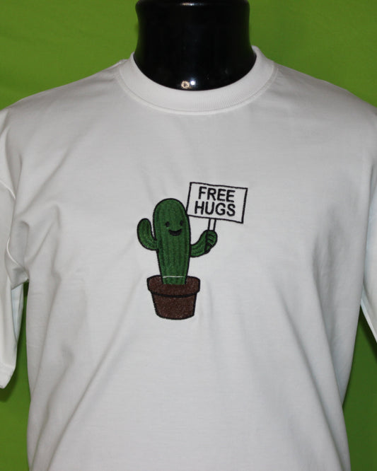 Free Hugs Cactus Embroidery Tshirt White