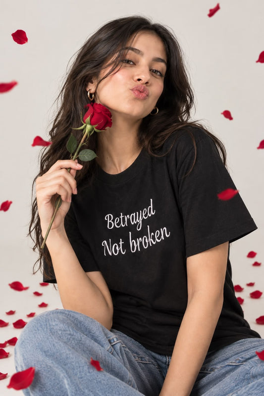 Betrayed Not Broken" Script Embroidered T-Shirt