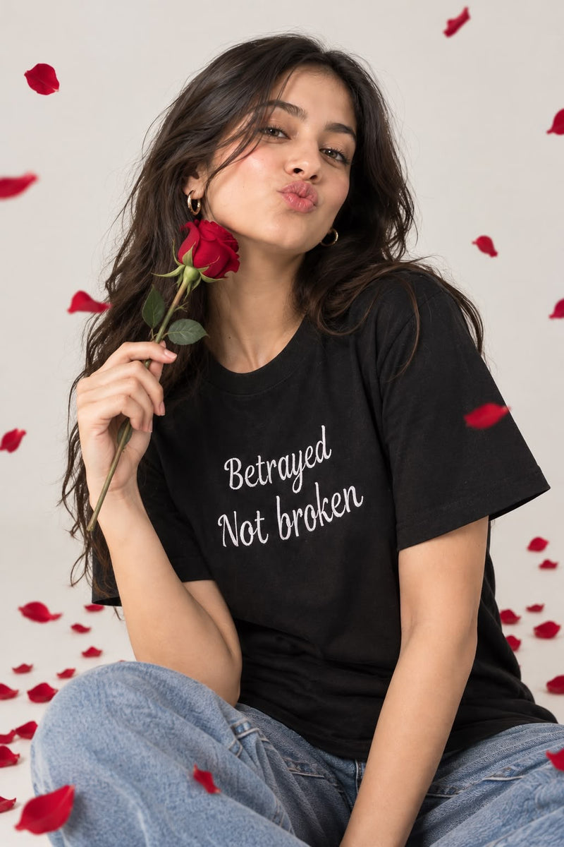 Betrayed Not Broken" Script Embroidered T-Shirt