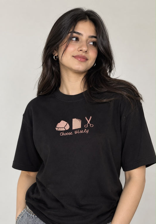 "Choose Wisely" Rock Paper Scissors Embroidered T-Shirt
